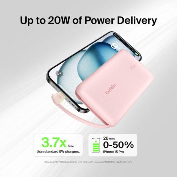 Belkin BoostCharge 10000mAh 20W Power Bank with Built-in USB-C Cable Pink Qatar