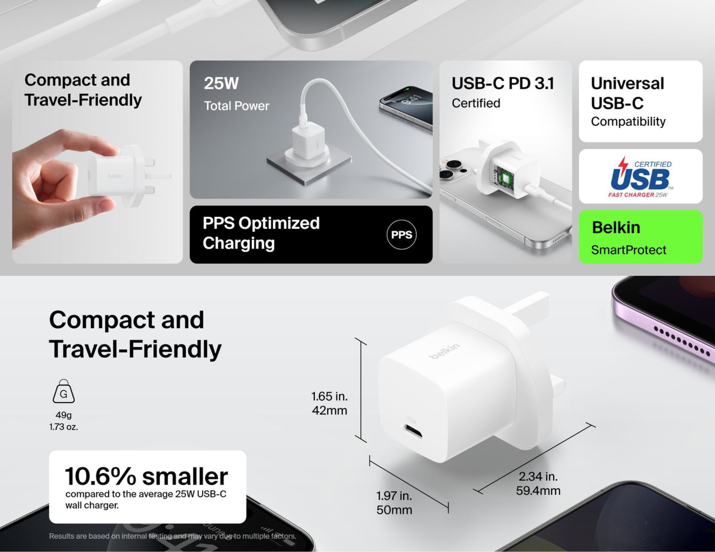 Belkin BoostCharge USB-C Wall Charger 25W and USB-C cable foldable prongs PD3.1 WCA012my1MWH-B6 Qatar