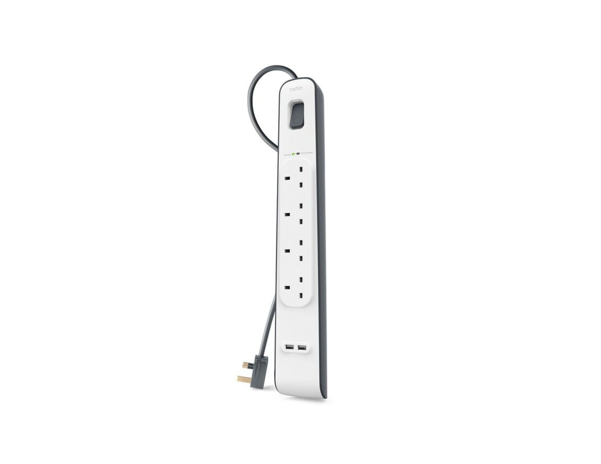 Belkin BSV401af2M 4-outlet surge protector with dual USB ports and 2m cord at Thabthaba Store Qatar.