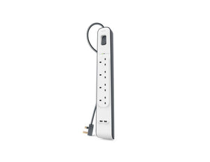 Belkin BSV401af2M 4-outlet surge protector with dual USB ports and 2m cord at Thabthaba Store Qatar.