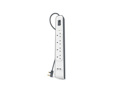 Belkin BSV401af2M 4-outlet surge protector with dual USB ports and 2m cord at Thabthaba Store Qatar.