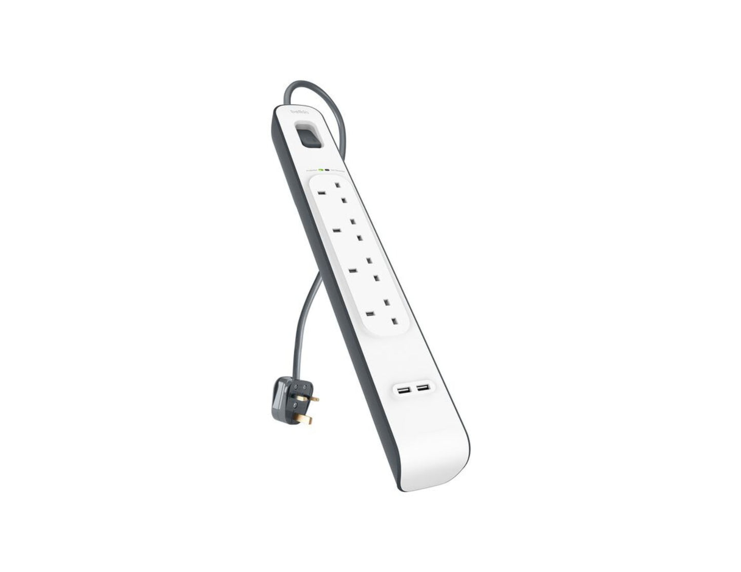 Belkin BSV401af2M 4-outlet surge protector with dual USB ports and 2m cord at Thabthaba Store Qatar.