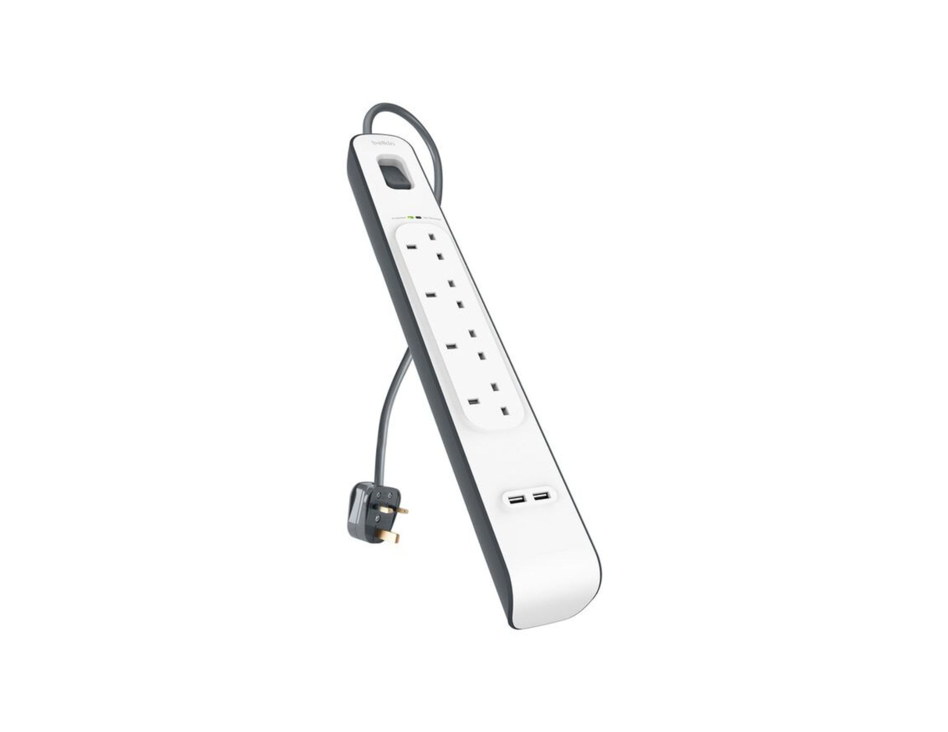 Belkin BSV401af2M 4-outlet surge protector with dual USB ports and 2m cord at Thabthaba Store Qatar.