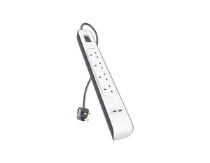 Belkin BSV401af2M 4-outlet surge protector with dual USB ports and 2m cord at Thabthaba Store Qatar.
