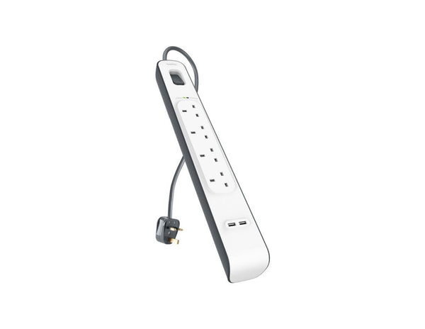 Belkin BSV401af2M 4-outlet surge protector with dual USB ports and 2m cord at Thabthaba Store Qatar.