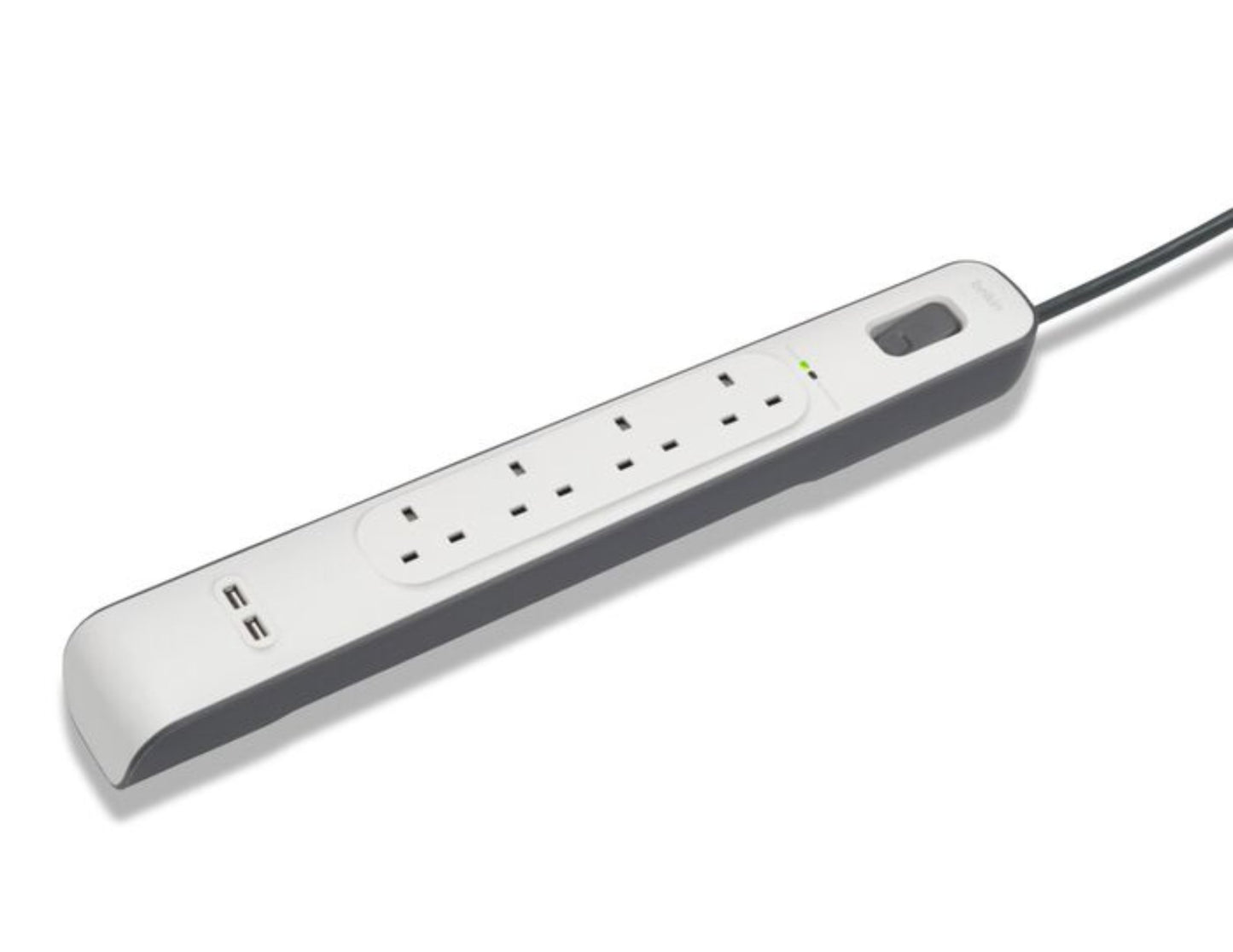 Belkin BSV401af2M 4-outlet surge protector with dual USB ports and 2m cord at Thabthaba Store Qatar.