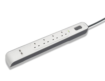 Belkin BSV401af2M 4-outlet surge protector with dual USB ports and 2m cord at Thabthaba Store Qatar.