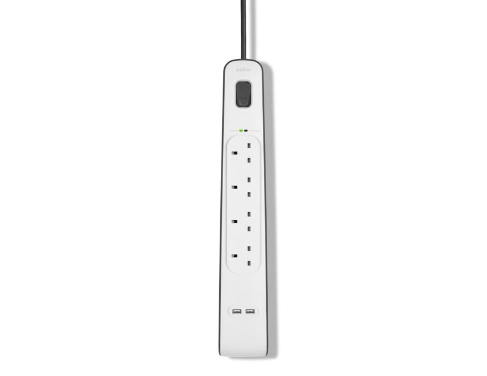 Belkin BSV401af2M 4-outlet surge protector with dual USB ports and 2m cord at Thabthaba Store Qatar.