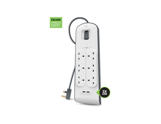 Belkin BSV604af2M 6-outlet surge protector with dual USB ports and 2m cord at Thabthaba Store Qatar.