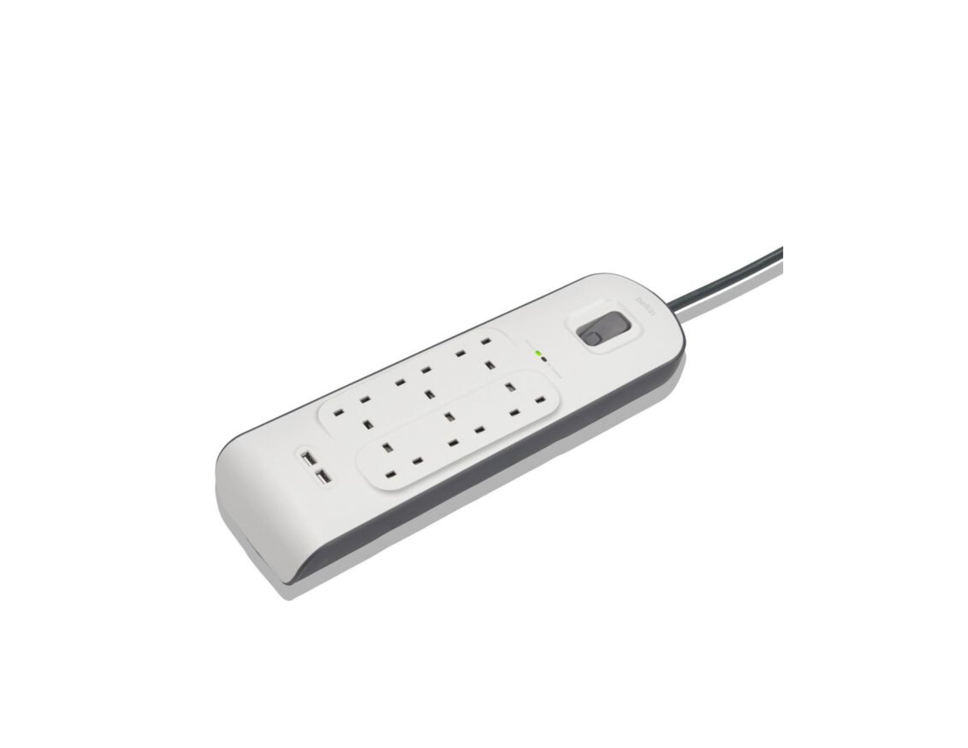 Belkin BSV604af2M 6-outlet surge protector with dual USB ports and 2m cord at Thabthaba Store Qatar.