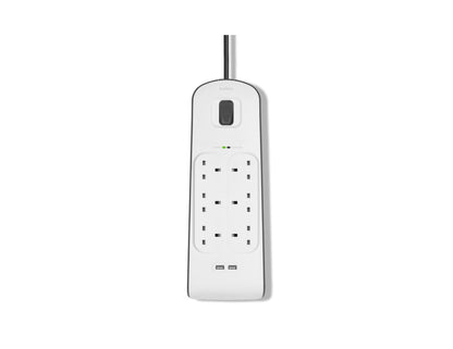Belkin BSV604af2M 6-outlet surge protector with dual USB ports and 2m cord at Thabthaba Store Qatar.