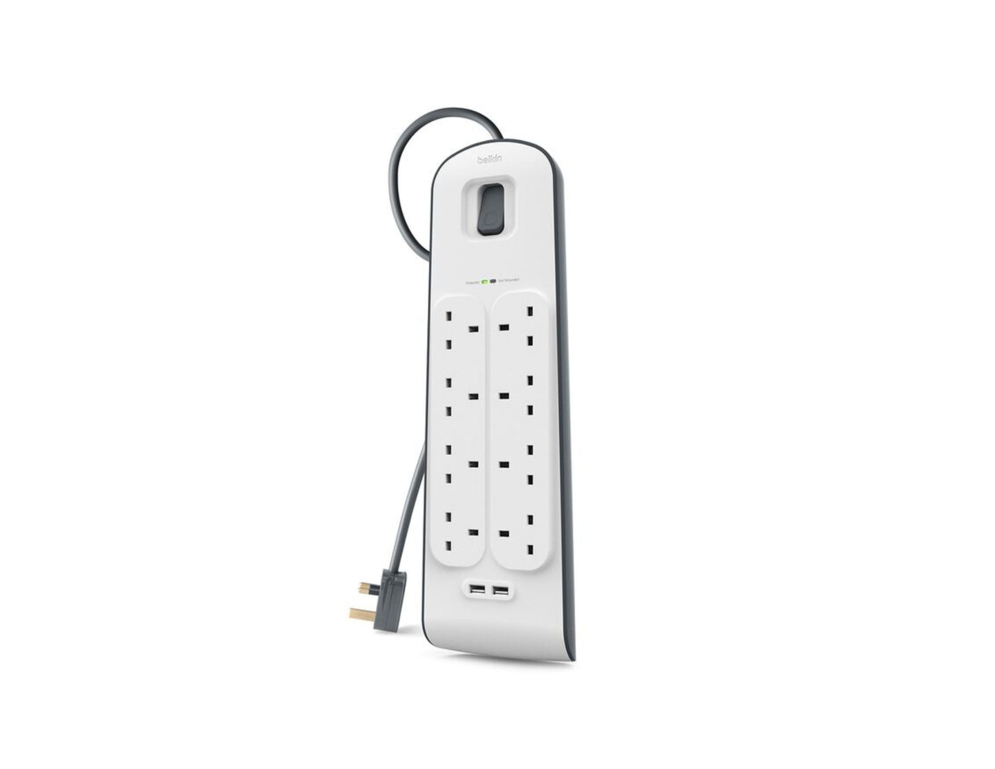 Belkin BSV804af2M 8-outlet surge protector with dual USB ports and 2m cord at Thabthaba Store Qatar.