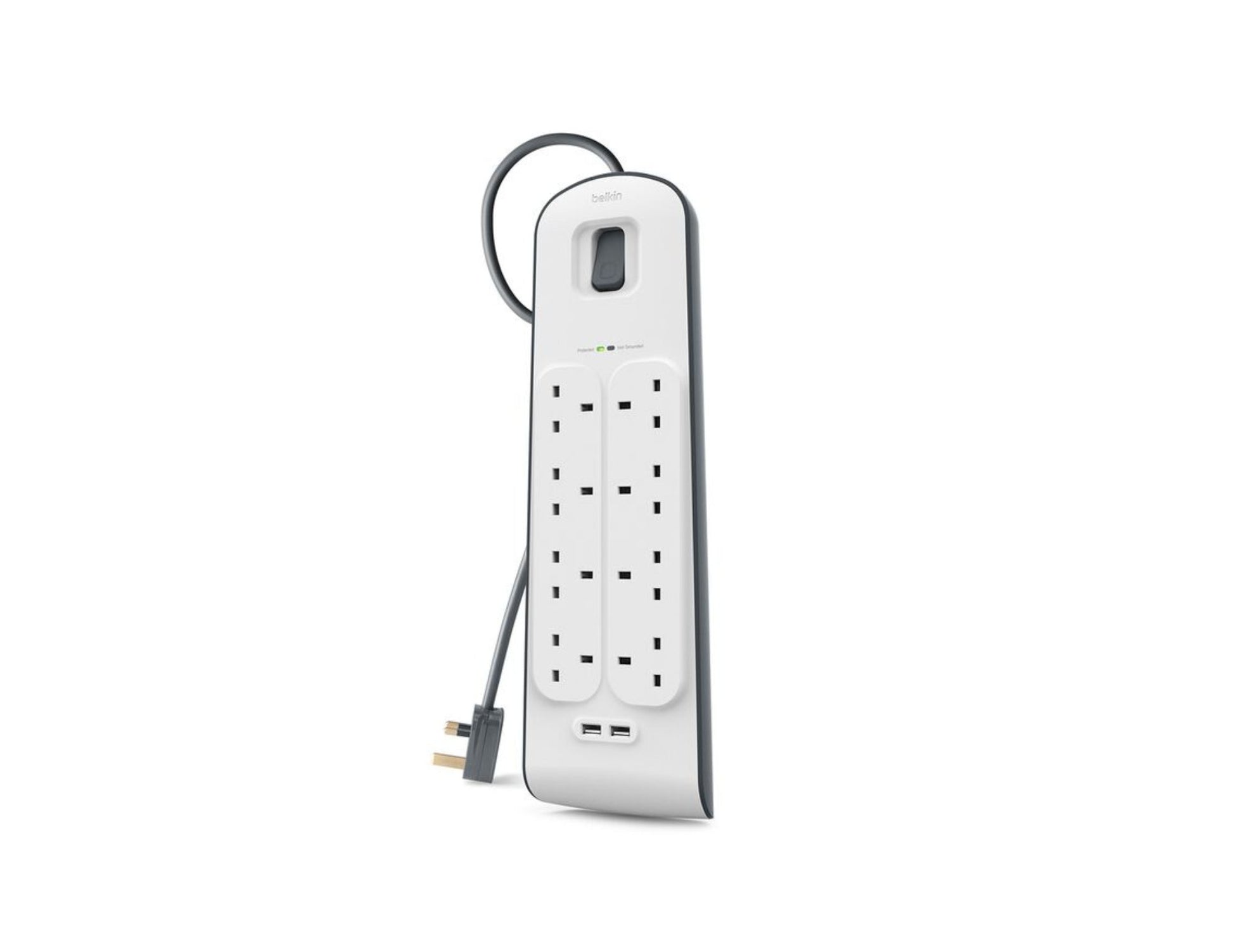 Belkin BSV804af2M 8-outlet surge protector with dual USB ports and 2m cord at Thabthaba Store Qatar.