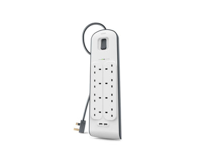 Belkin BSV804af2M 8-outlet surge protector with dual USB ports and 2m cord at Thabthaba Store Qatar.