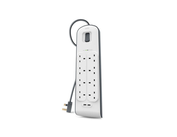 Belkin BSV804af2M 8-outlet surge protector with dual USB ports and 2m cord at Thabthaba Store Qatar.
