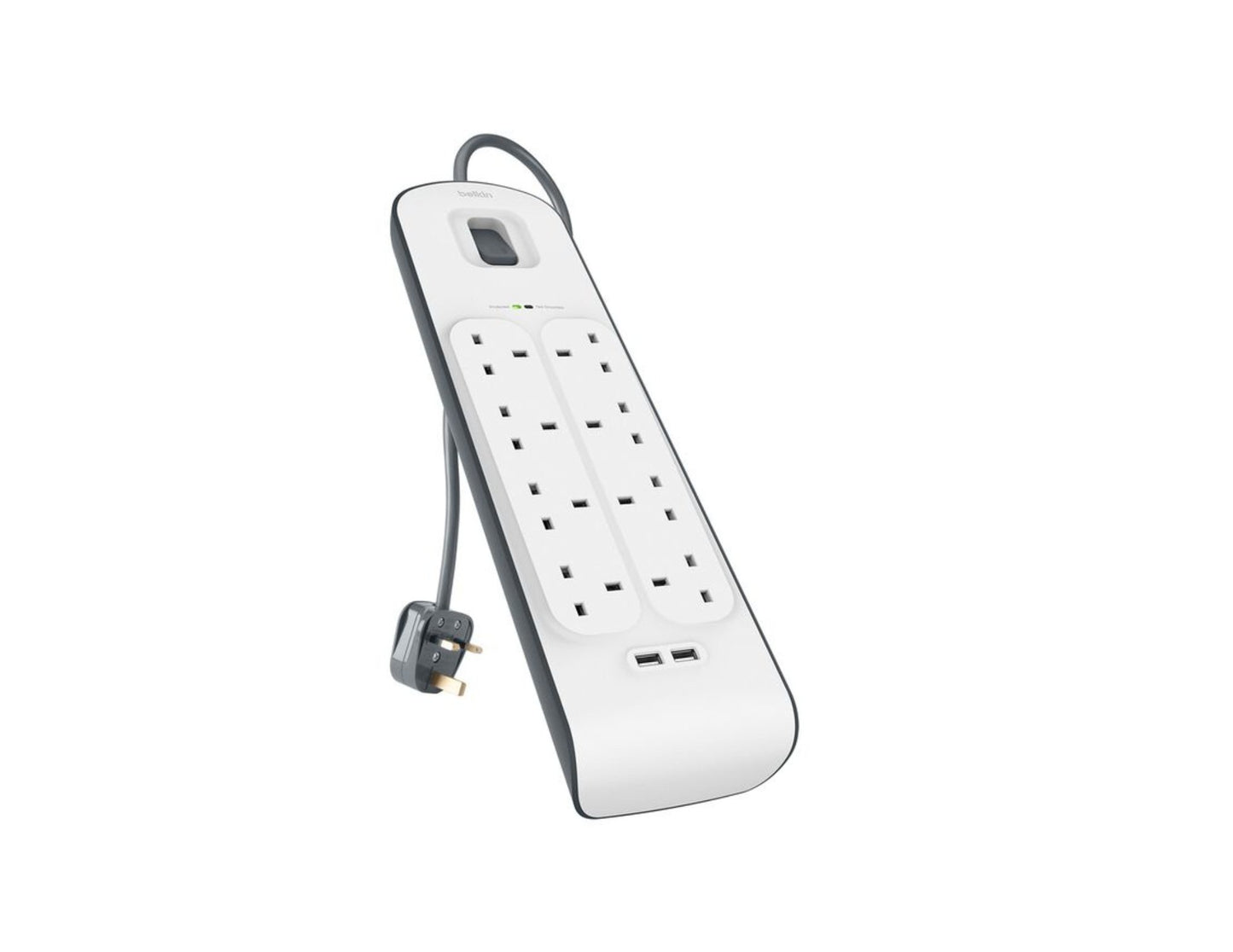 Belkin BSV804af2M 8-outlet surge protector with dual USB ports and 2m cord at Thabthaba Store Qatar.