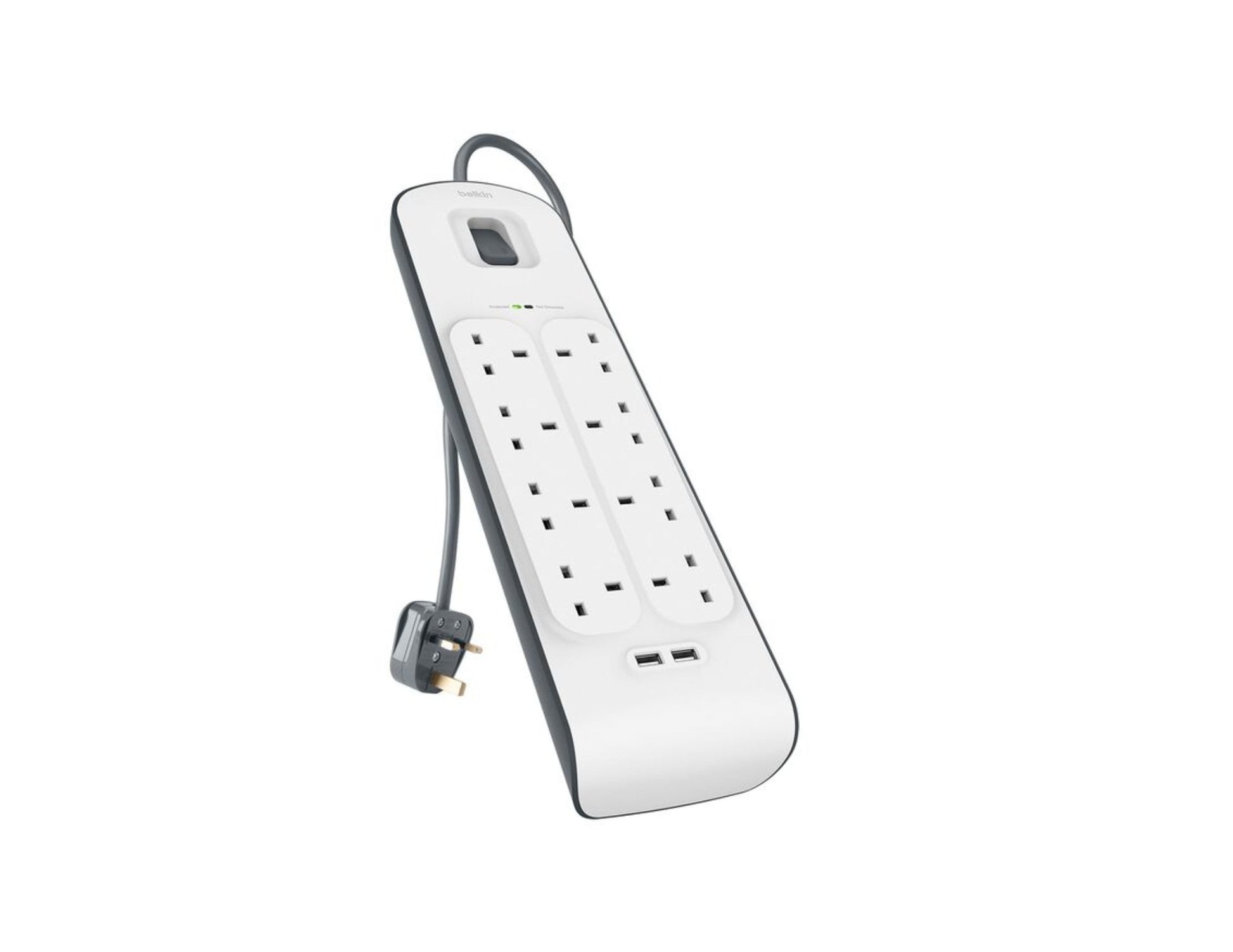Belkin BSV804af2M 8-outlet surge protector with dual USB ports and 2m cord at Thabthaba Store Qatar.