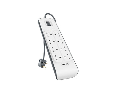 Belkin BSV804af2M 8-outlet surge protector with dual USB ports and 2m cord at Thabthaba Store Qatar.