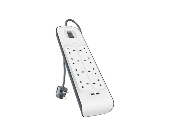 Belkin BSV804af2M 8-outlet surge protector with dual USB ports and 2m cord at Thabthaba Store Qatar.