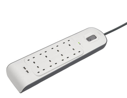 Belkin BSV804af2M 8-outlet surge protector with dual USB ports and 2m cord at Thabthaba Store Qatar.