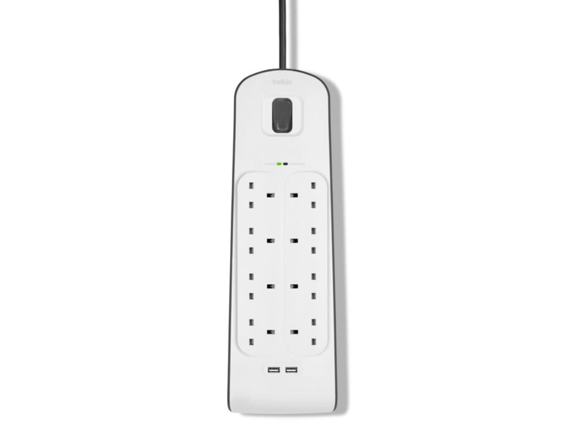 Belkin BSV804af2M 8-outlet surge protector with dual USB ports and 2m cord at Thabthaba Store Qatar.