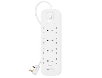 Front view of Belkin Connect Surge Protector SRB003af2M with 8 outlets and USB ports.