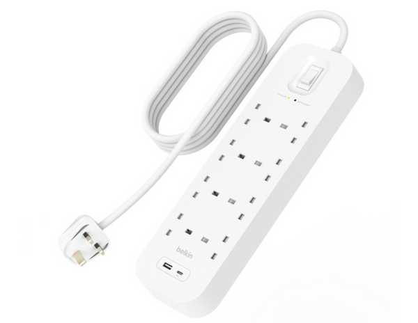Close-up of USB-C and USB-A ports on Belkin Surge Protector SRB003af2M.
