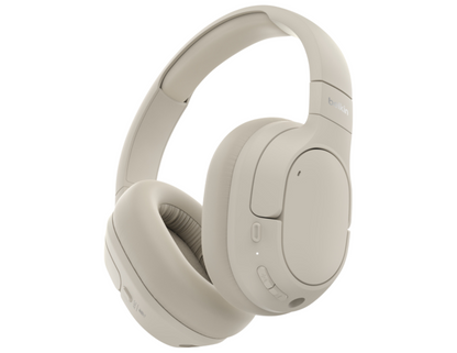 Sand-colored Belkin SoundForm Isolate Headphones AUD008fqSA with foldable design.