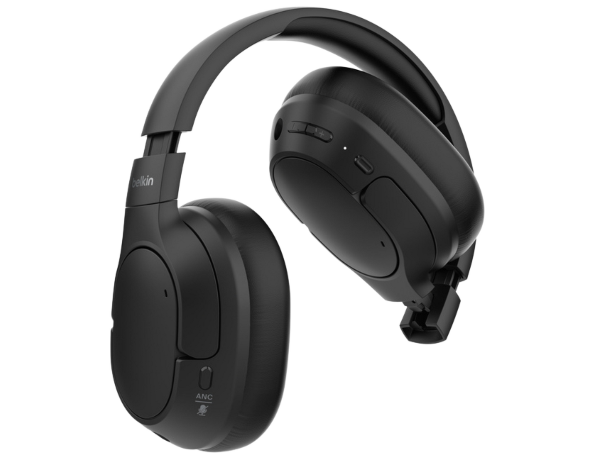 Side view of Belkin SoundForm Isolate Headphones Black showing adjustable headband and earcups.