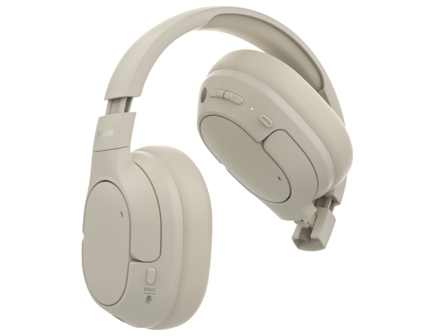 Side view of Belkin SoundForm Isolate Headphones Sand showing adjustable headband and earcups.