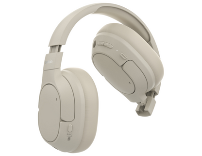 Side view of Belkin SoundForm Isolate Headphones Sand showing adjustable headband and earcups.