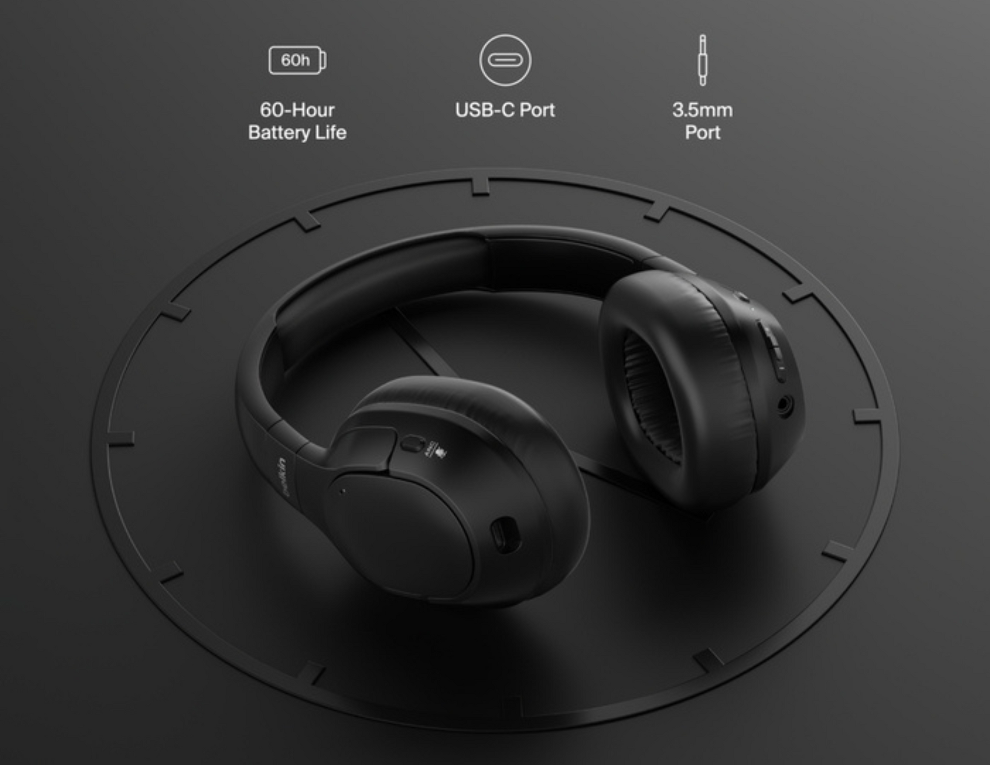 Belkin SoundForm Isolate Headphones with hybrid active noise cancellation and 60-hour battery.