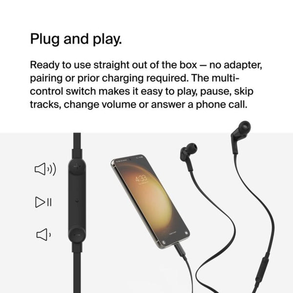 Belkin SoundForm USB-C Wired Earbuds Black with 10mm Drivers Built-in Microphone and IPX5 Water Resistance