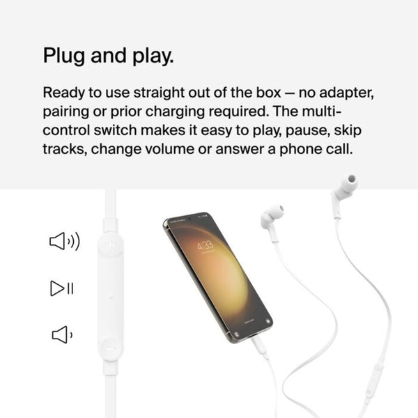 Belkin SoundForm USB-C Wired Earbuds White with 10mm Drivers Built-in Microphone and IPX5 Water Resistance