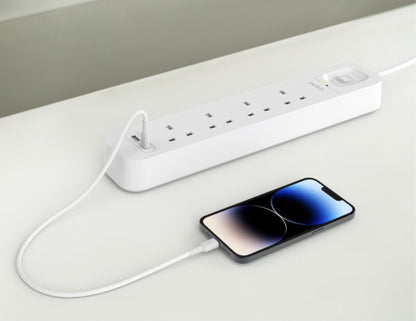 Belkin SRB001af2M 4-outlet surge protector with USB-C USB-A ports and 2m cord at Thabthaba Store Qatar.
