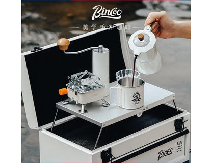 BinCoo Travel Coffee Set portable 11-piece outdoor toolbox—moka pot, cups, grinder, stove for Qatar camping & travel