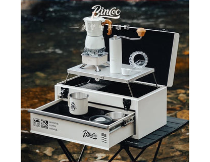 BinCoo Travel Coffee Set portable 11-piece outdoor toolbox—moka pot, cups, grinder, stove for Qatar camping & travel