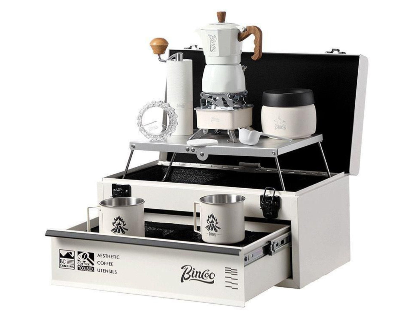 BinCoo Travel Coffee Set portable 11-piece outdoor toolbox—moka pot, cups, grinder, stove for Qatar camping & travel