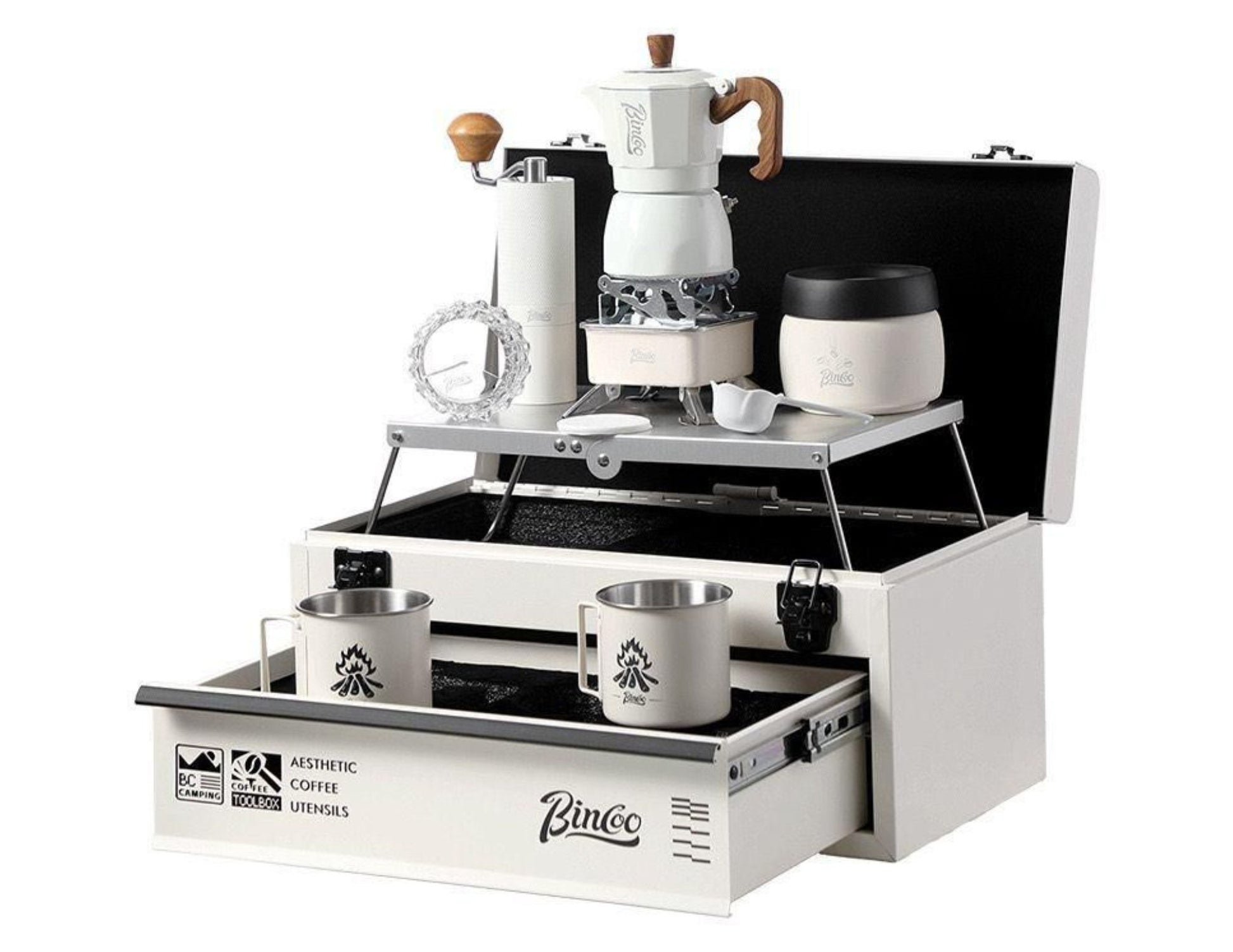 BinCoo Travel Coffee Set portable 11-piece outdoor toolbox—moka pot, cups, grinder, stove for Qatar camping & travel