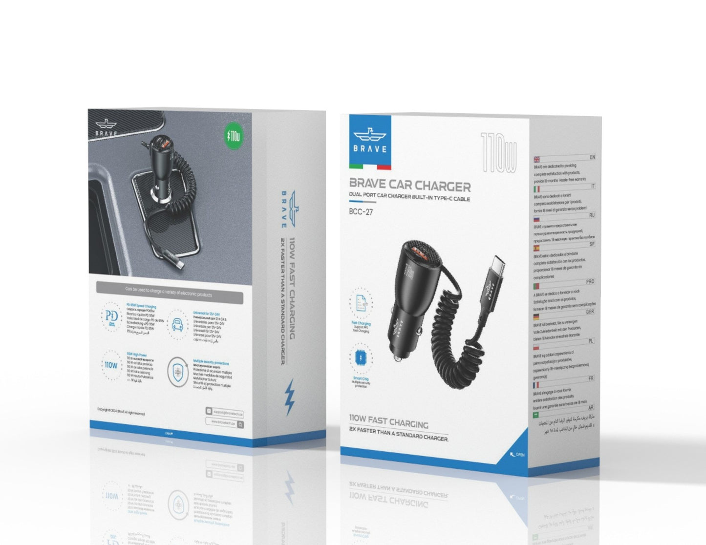 Brave 110W BCC-27 dual USB-C car charger with coiled Type-C cable black