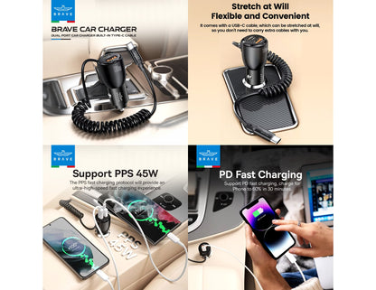 Brave 110W BCC-27 dual USB-C car charger with coiled Type-C cable black