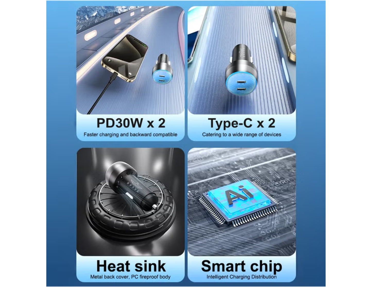 Brave 60W dual port car charger BCC-24 with 1m Type-C cable for iPhone Samsung and all USB-C devices Qatar