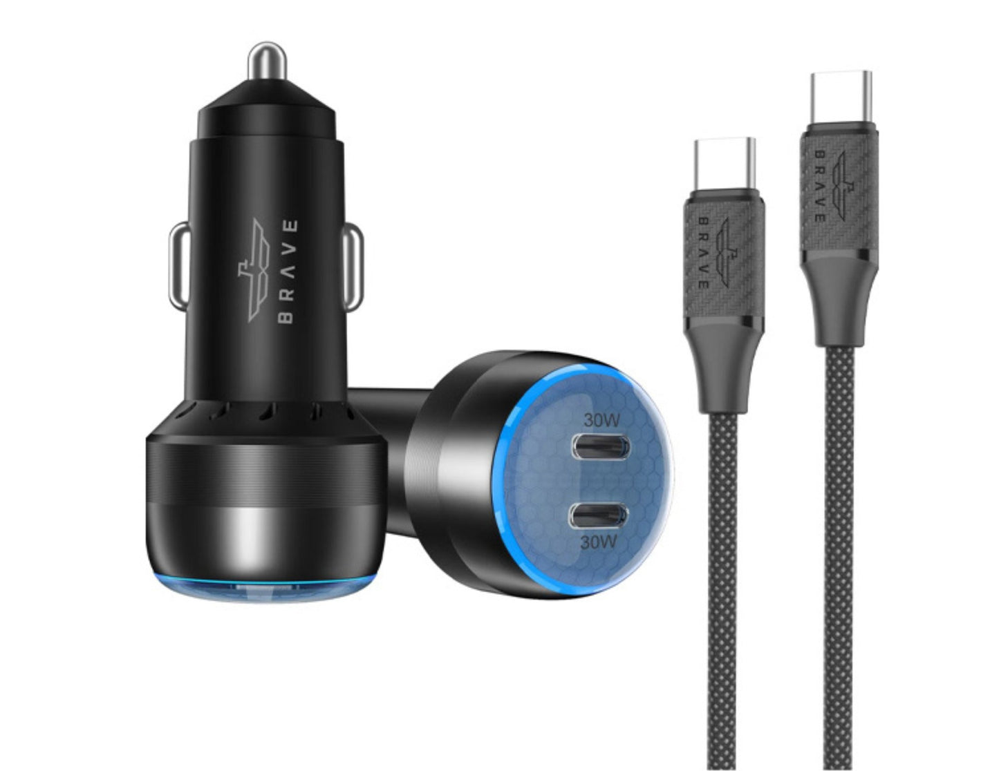 Brave 60W dual port car charger BCC-24 with 1m Type-C cable for iPhone Samsung and all USB-C devices Qatar