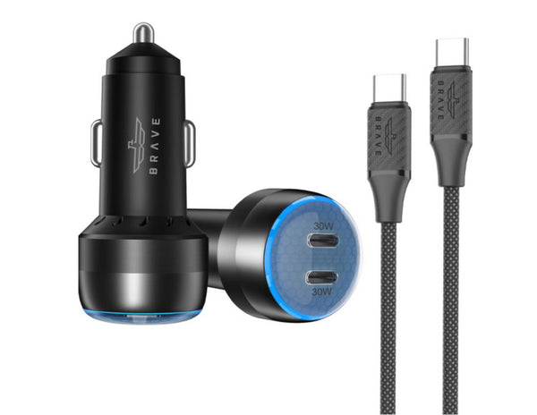 Brave 60W dual port car charger BCC-24 with 1m Type-C cable for iPhone Samsung and all USB-C devices Qatar