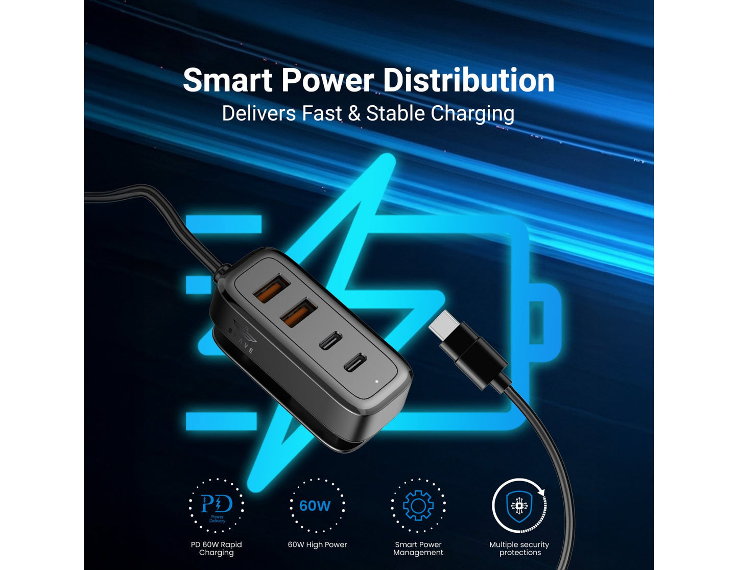 BRAVE BCC-29 60W multi-port car charger with 2 USB-C and 2 USB-A ports black
