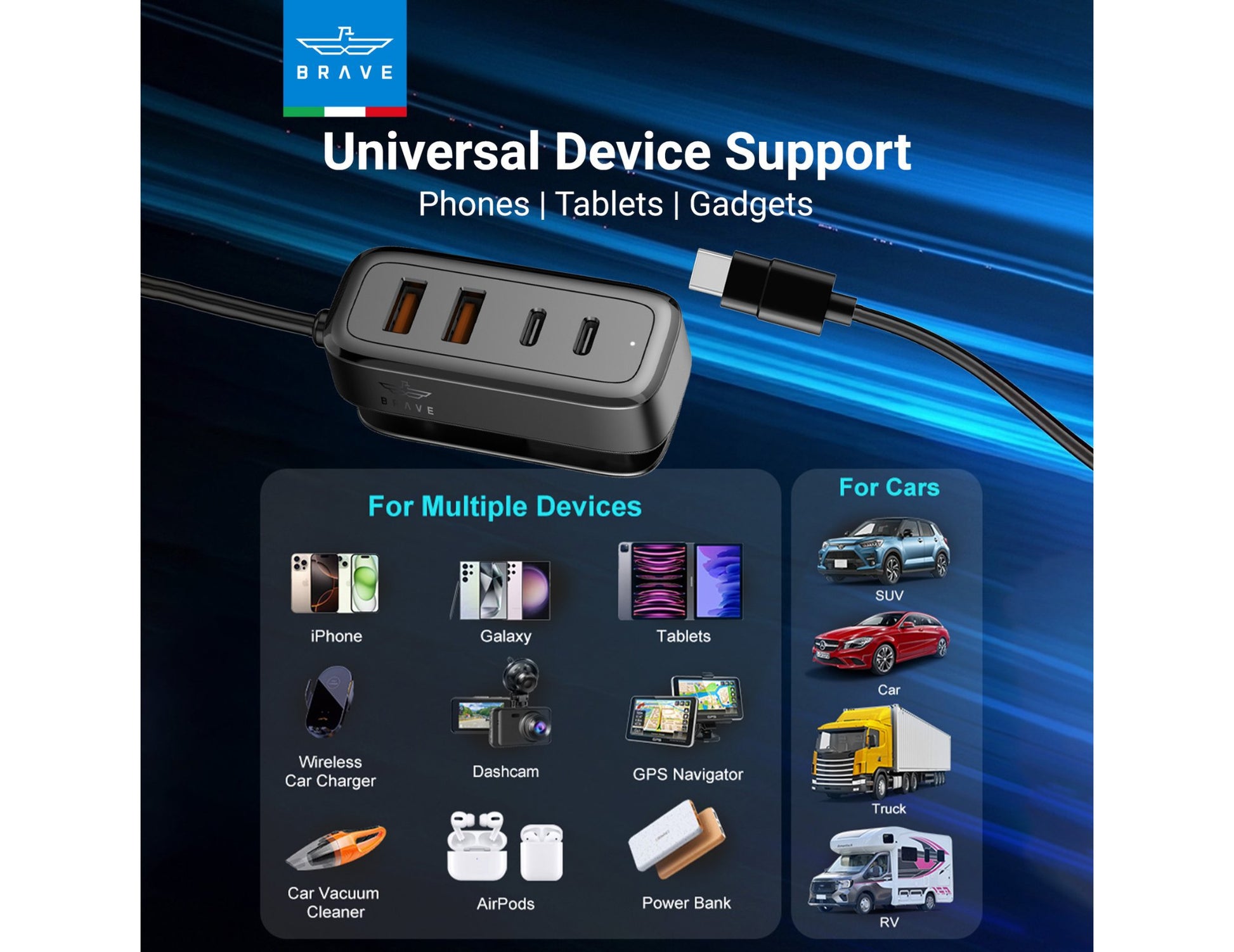 BRAVE BCC-29 60W multi-port car charger with 2 USB-C and 2 USB-A ports black