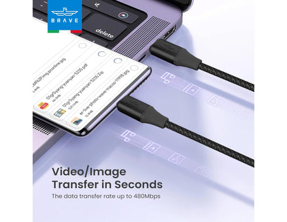 Brave BDC-46 USB-C to USB-C 60W fast charging braided data cable black 1m for laptops and phones in Qatar