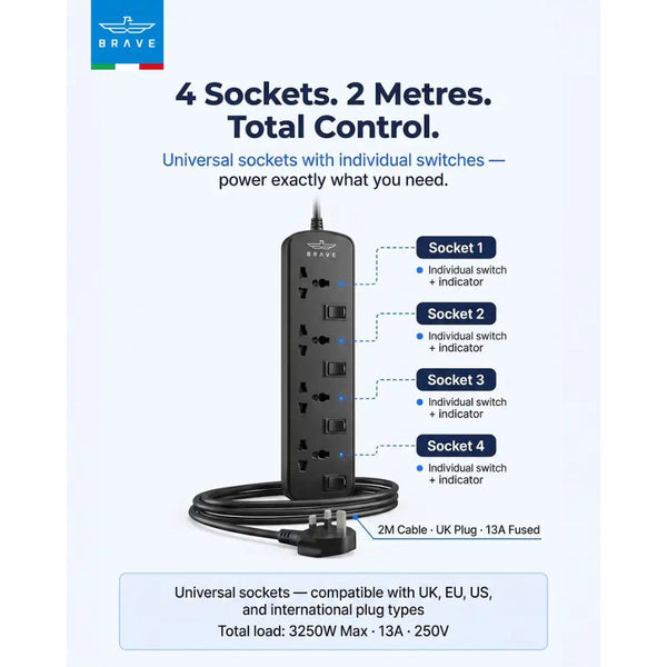 Brave BPS-04 4-way universal power strip 3250W Black with individual switches and child safety shutters Qatar