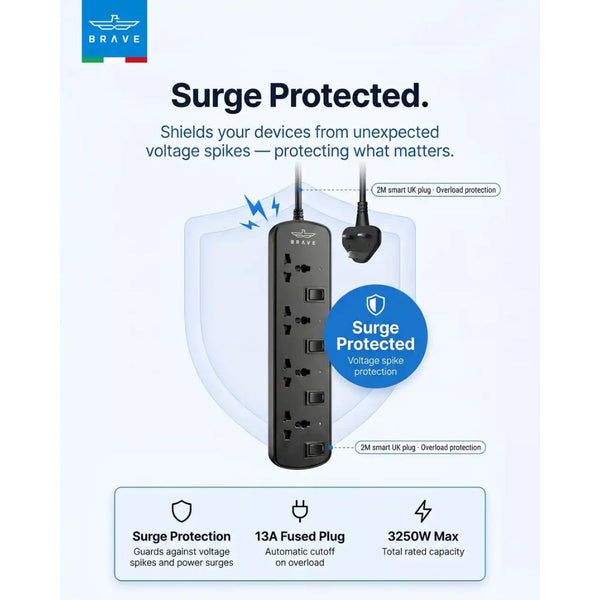 Brave BPS-04 4-way universal power strip 3250W Black with individual switches and child safety shutters Qatar