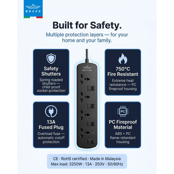 Brave BPS-04 4-way universal power strip 3250W Black with individual switches and child safety shutters Qatar
